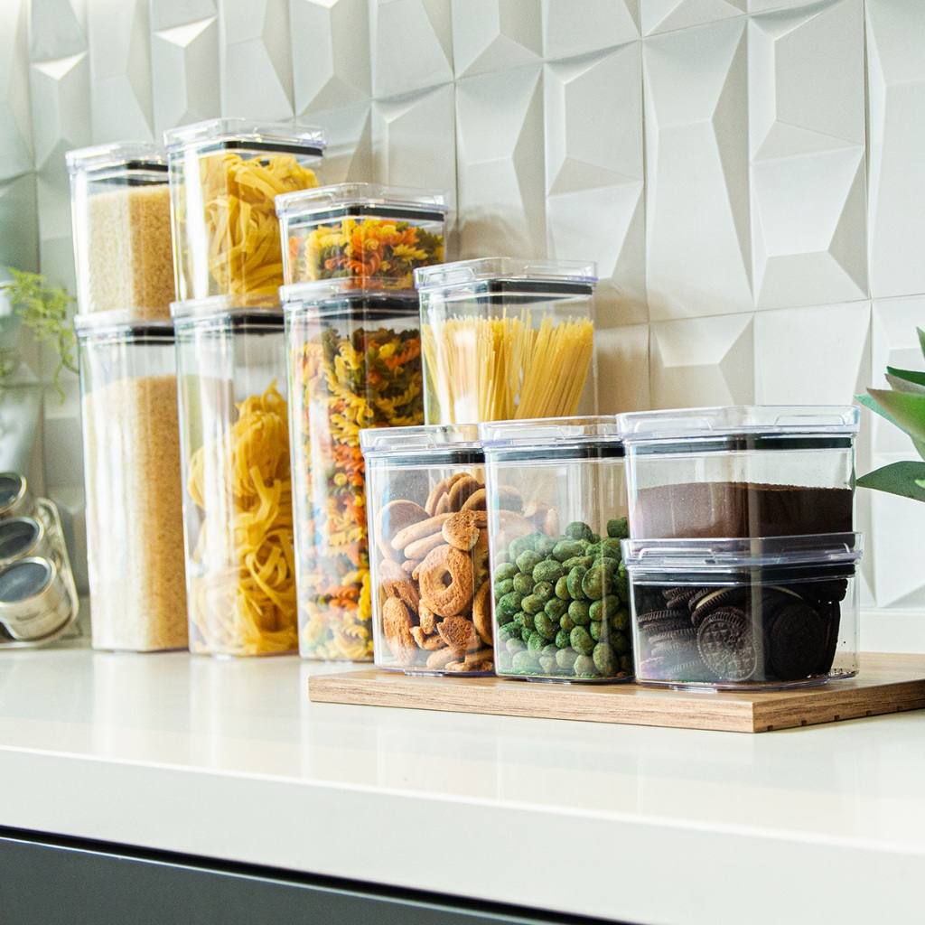 8 Potes Herméticos em Acrílico Cristal para Cozinha e Design Empilhável Organizador para Mantimentos