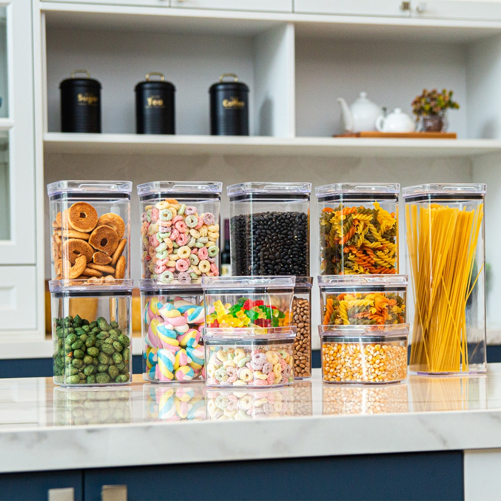 8 Potes Herméticos em Acrílico Cristal para Cozinha e Design Empilhável Organizador para Mantimentos