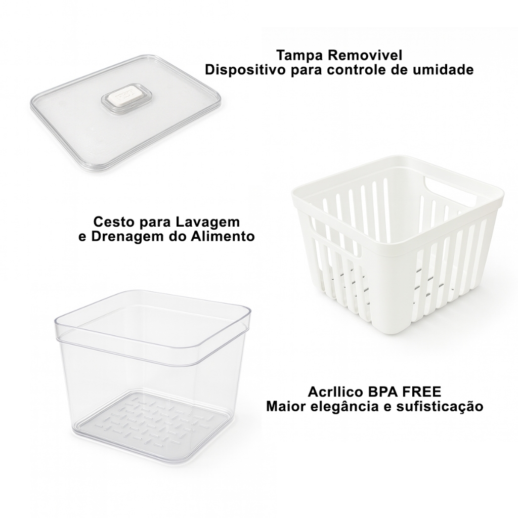 Organizador de Geladeira 3,8 Litros Cesto Com Tampa Multiuso Alimento Verdura e Vegetal