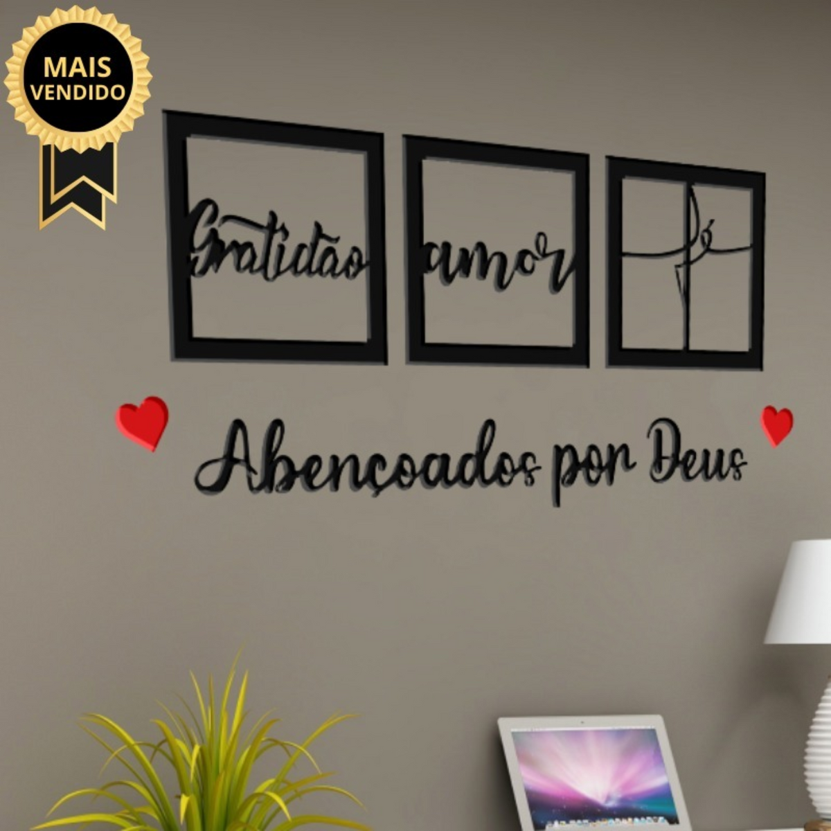 Kit 3 Quadros Decorativos + Frase Com 2 Mini Apliques de Coração Frase de Parede Quarto Ou Sala