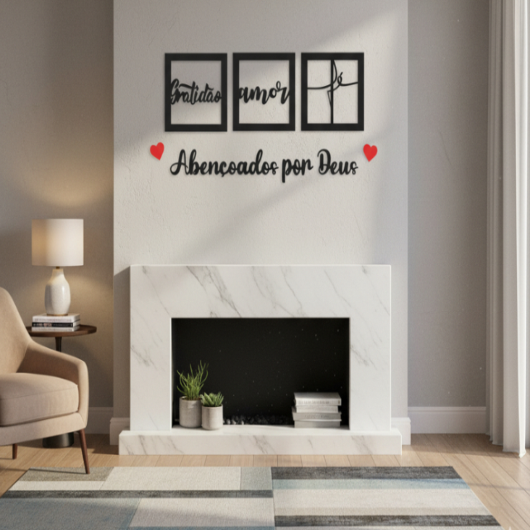 Kit 3 Quadros Decorativos + Frase Com 2 Mini Apliques de Coração Frase de Parede Quarto Ou Sala