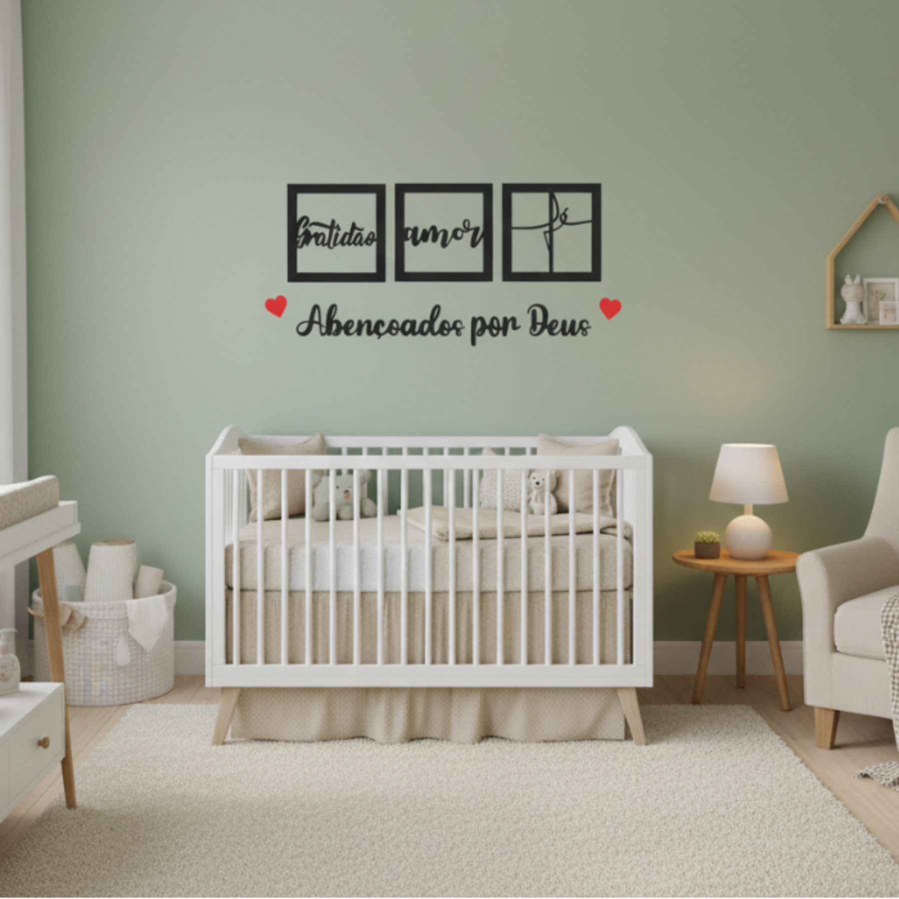 Kit 3 Quadros Decorativos + Frase Com 2 Mini Apliques de Coração Frase de Parede Quarto Ou Sala