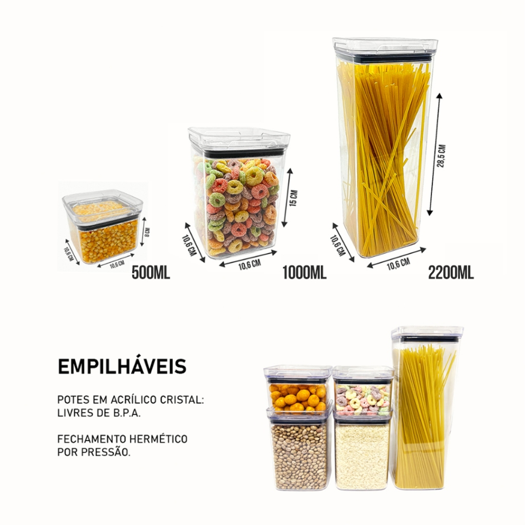 8 Potes Herméticos em Acrílico Cristal para Cozinha e Design Empilhável Organizador para Mantimentos